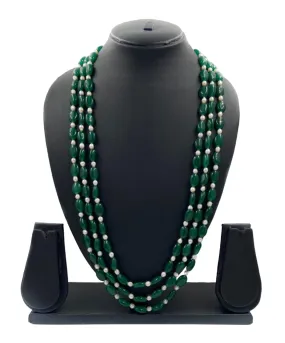 Long Triple Layered Green Jade Beads And Real Pearls Necklace For Men And Women