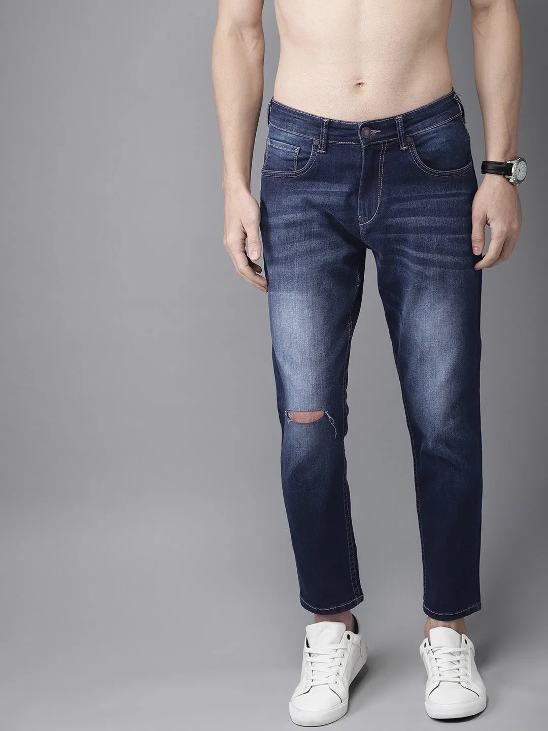 Men Blue Ankle Slim Tapered Slash Knee Stretchable Jeans