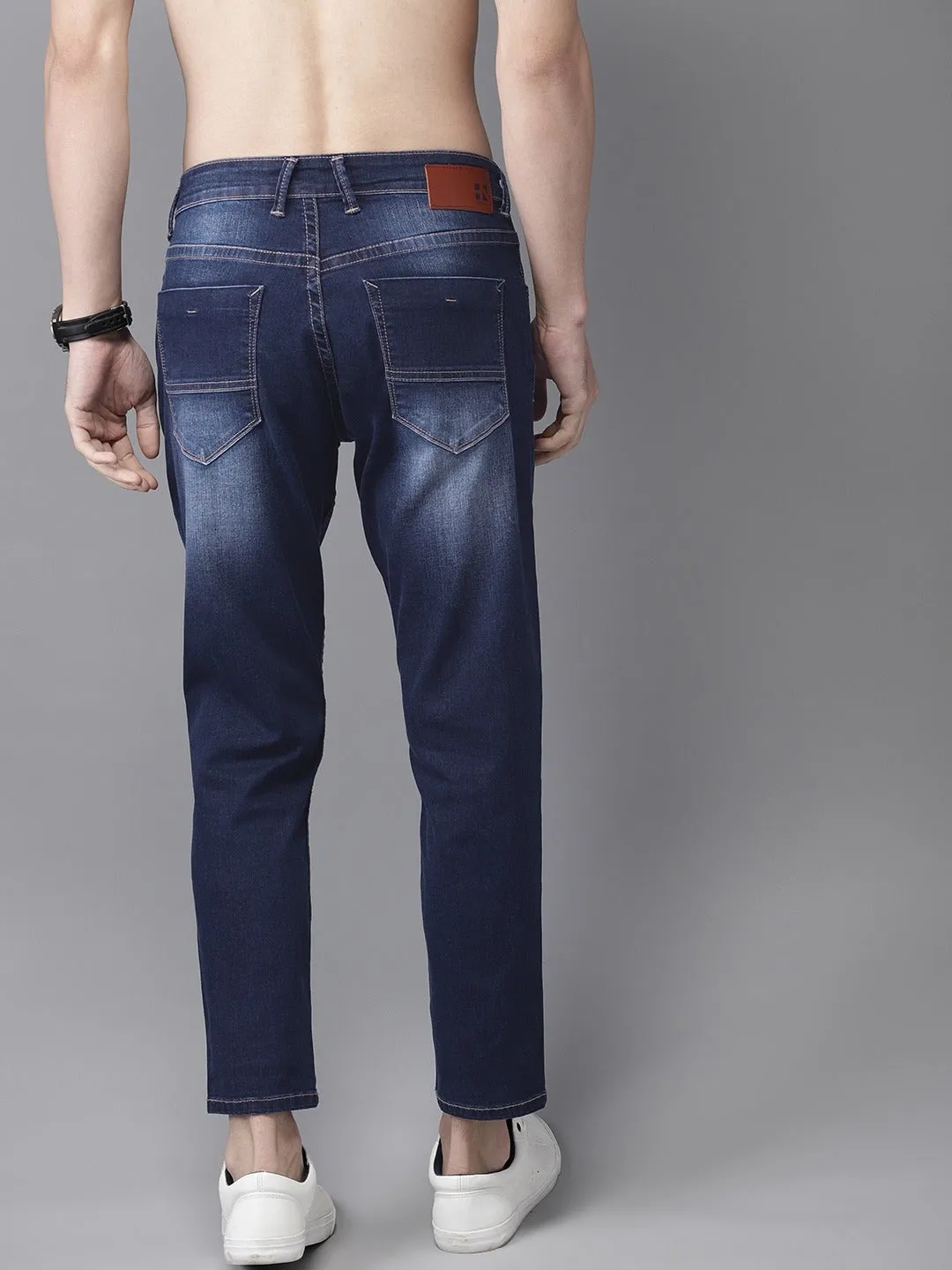 Men Blue Ankle Slim Tapered Slash Knee Stretchable Jeans