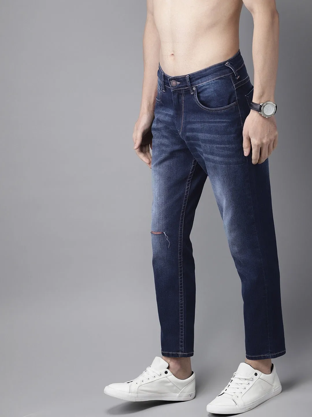 Men Blue Ankle Slim Tapered Slash Knee Stretchable Jeans