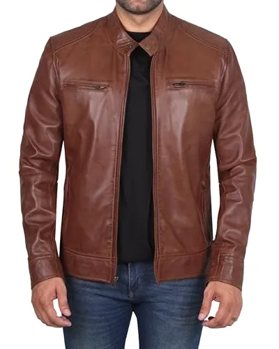 Mens Leather Jacket  Cafe Racer Style Real Lambskin Leather Jacket Men