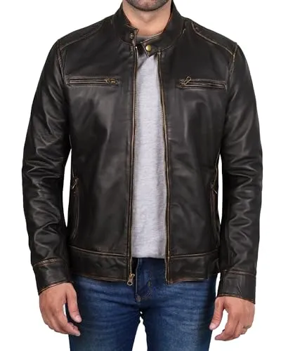 Mens Leather Jacket  Cafe Racer Style Real Lambskin Leather Jacket Men