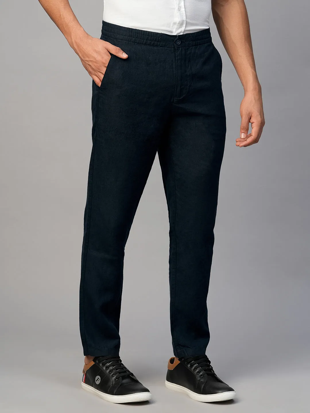 Men's Navy 100% Linen Regular Fit Pant