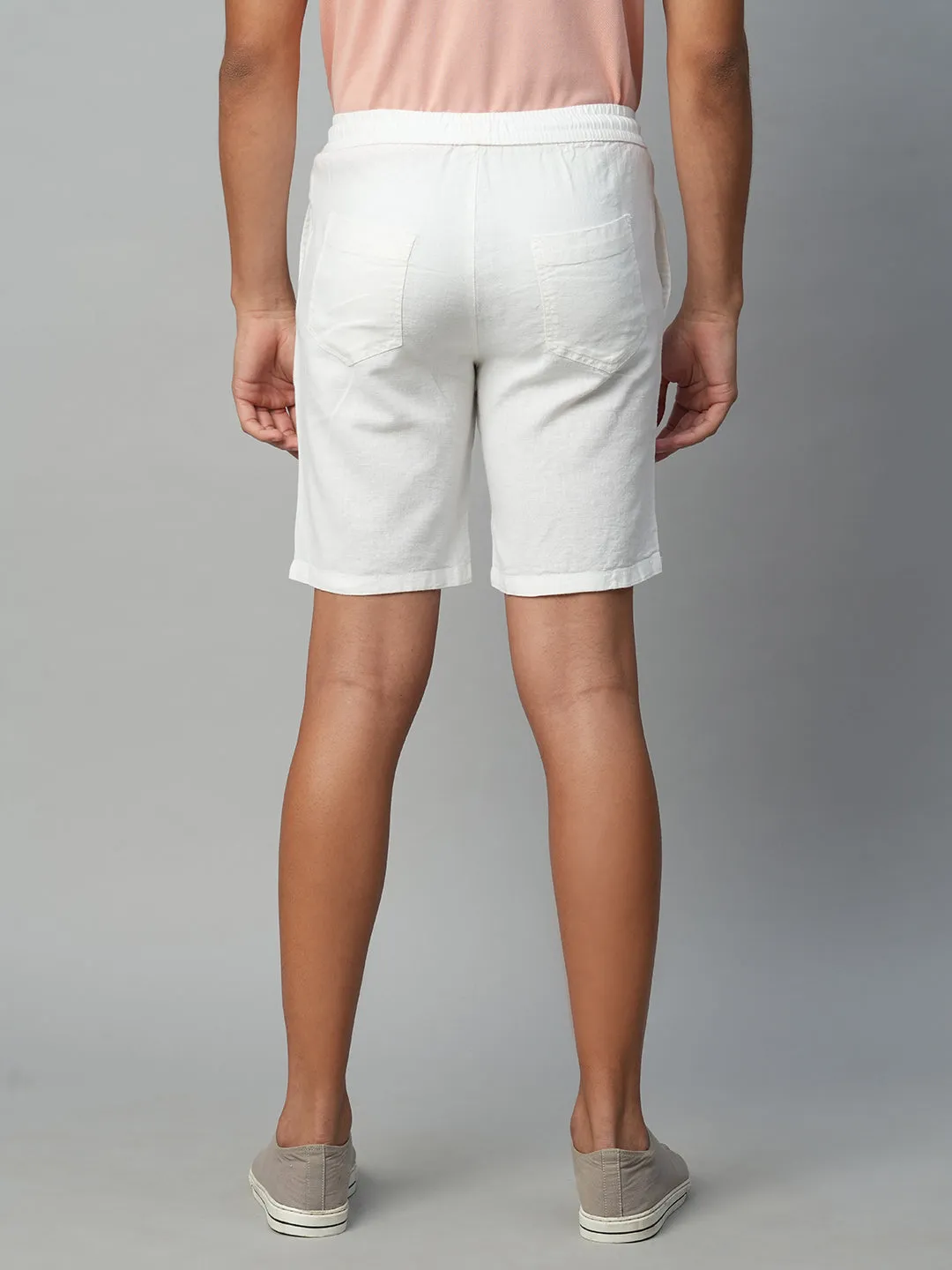 Men's White Linen Regular Fit Drawstring Shorts
