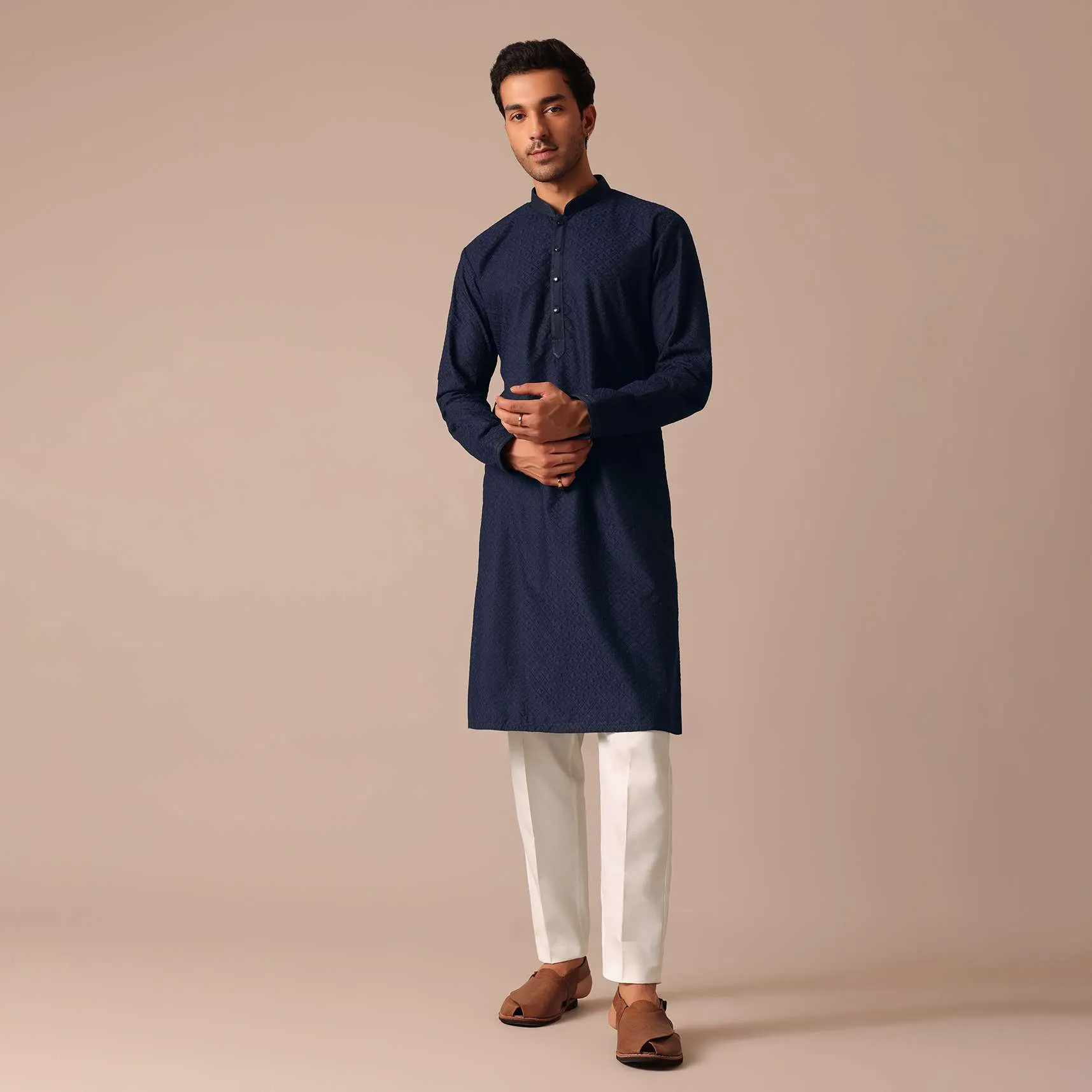 Navy Blue Kurta Set With Lucknowi Work
