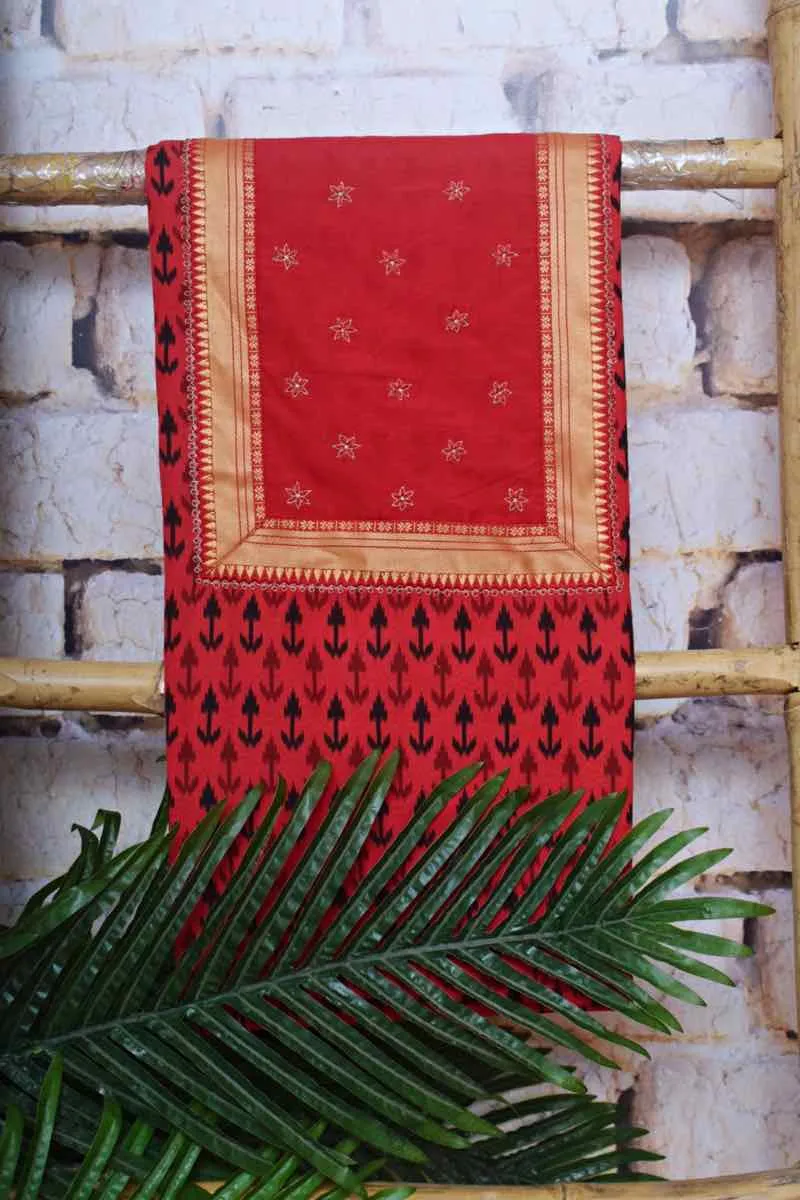 Red Puneri Block Print Cotton Customised Suit
