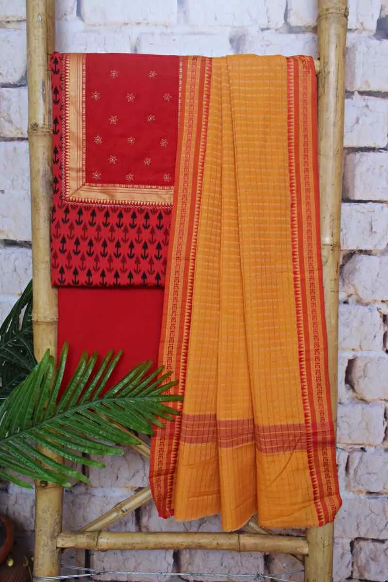 Red Puneri Block Print Cotton Customised Suit