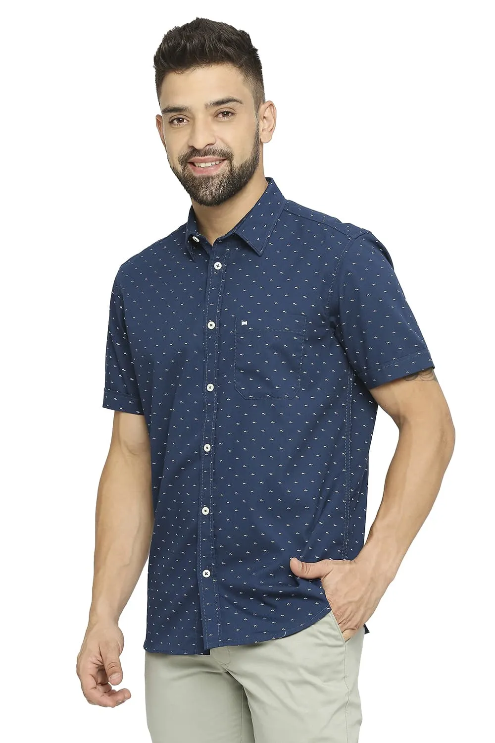 Slim Fit Cotton Polyester Twill Printed Halfsleeves Shirt
