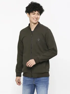 Spykar Olive Black Cotton Full Sleeve M and arin Collar Sweatshirt For Men