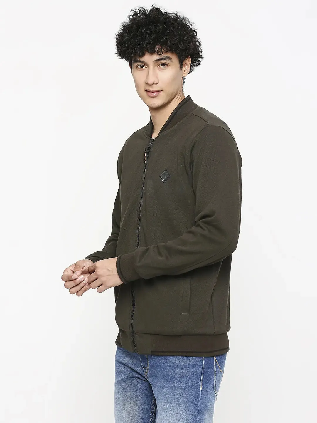 Spykar Olive Black Cotton Full Sleeve M and arin Collar Sweatshirt For Men