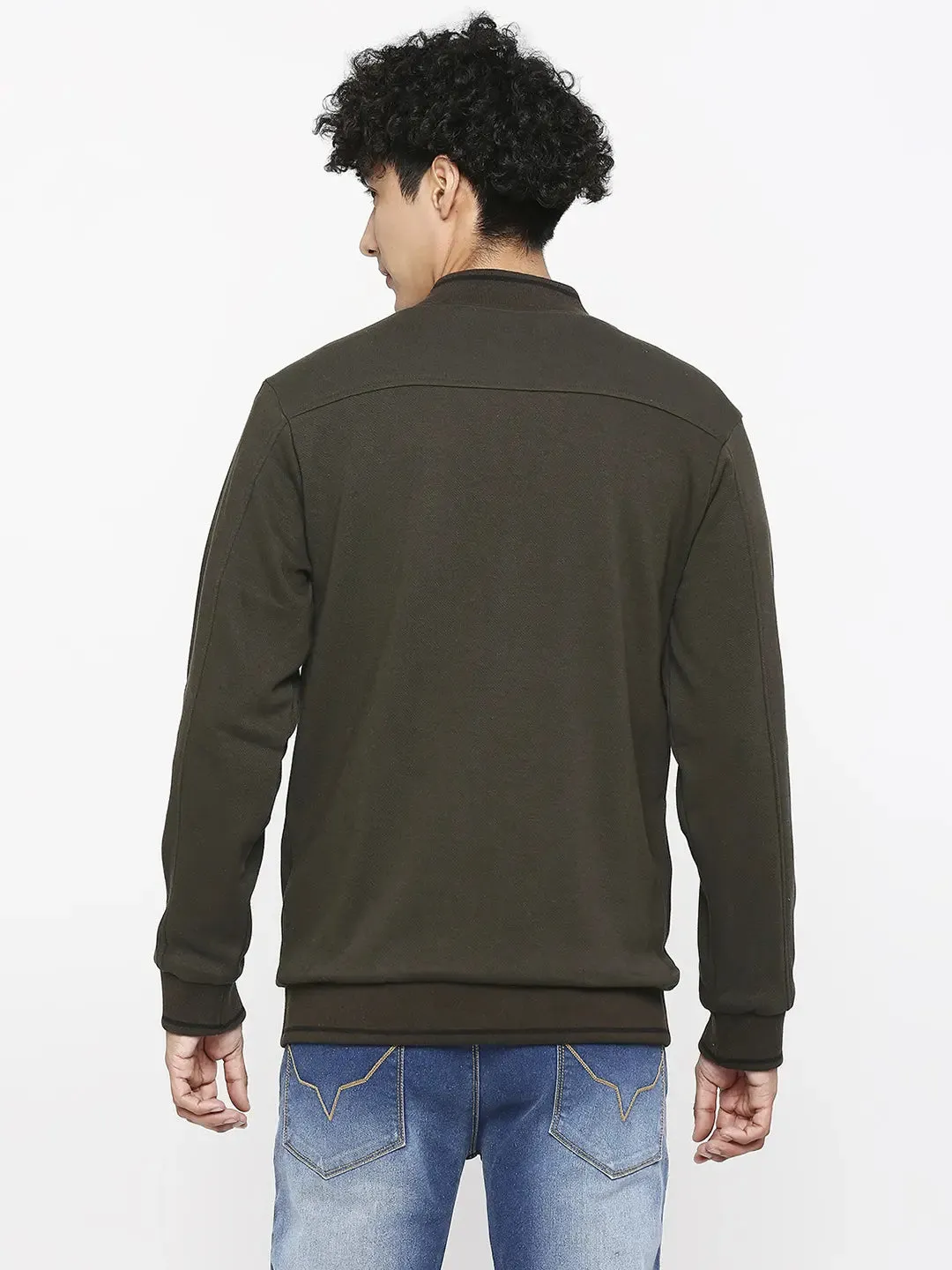 Spykar Olive Black Cotton Full Sleeve M and arin Collar Sweatshirt For Men