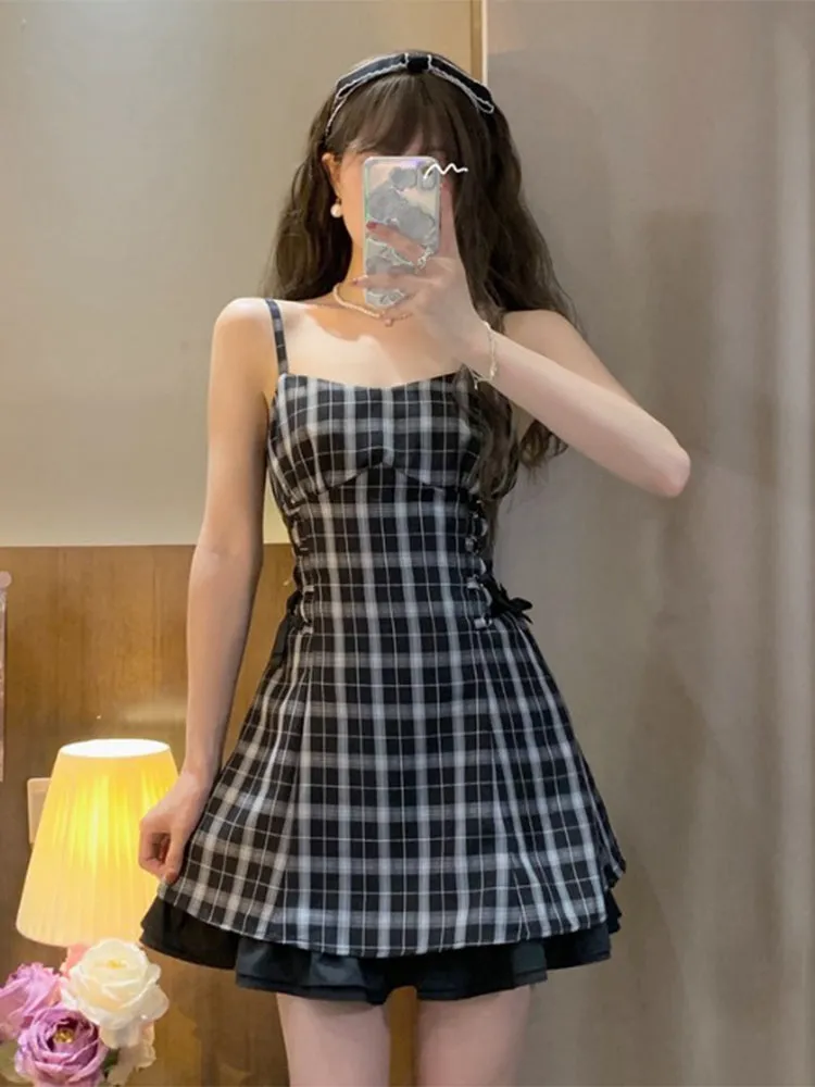Summer Black Plaid Strap Waist Dress