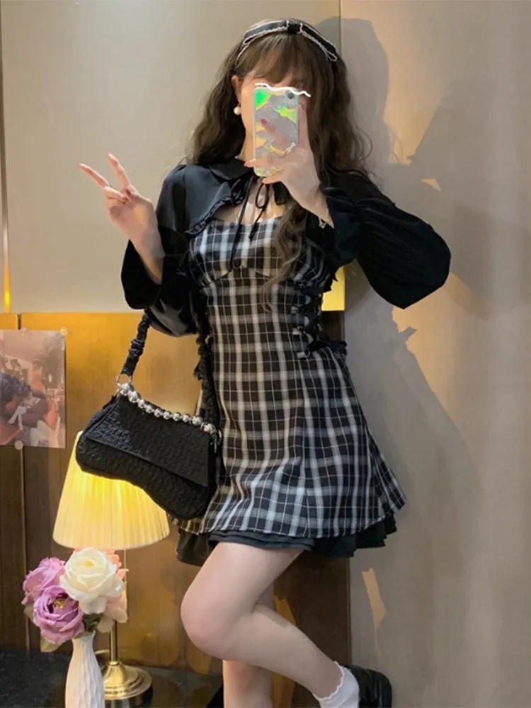 Summer Black Plaid Strap Waist Dress