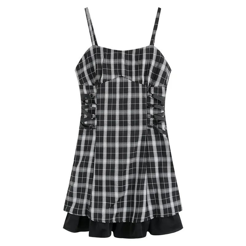 Summer Black Plaid Strap Waist Dress