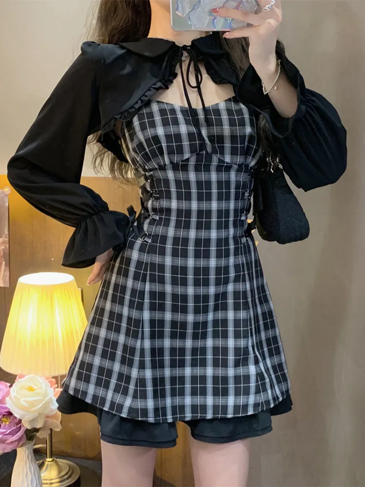 Summer Black Plaid Strap Waist Dress