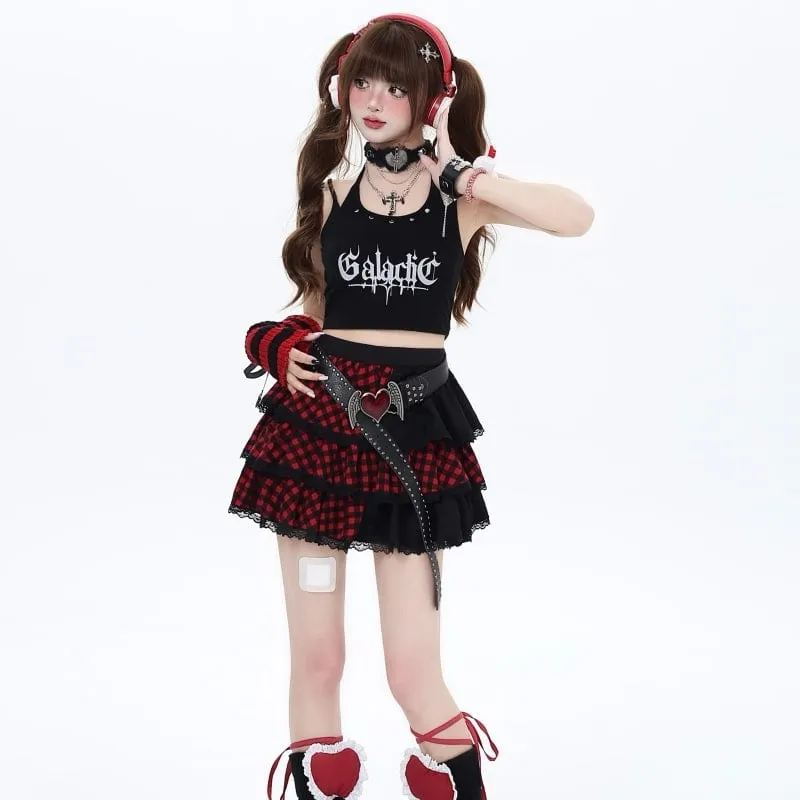 Summer Sweet Cool Girl Style Plaid Patchwork Cake Skirt