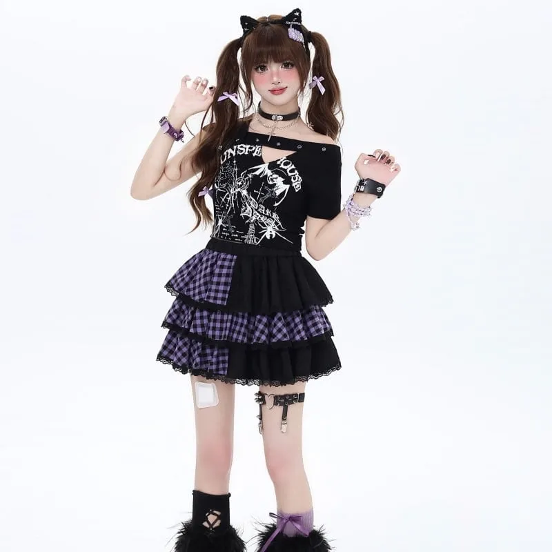 Summer Sweet Cool Girl Style Plaid Patchwork Cake Skirt