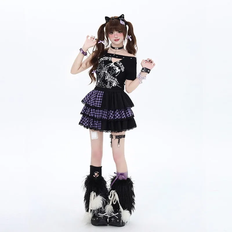 Summer Sweet Cool Girl Style Plaid Patchwork Cake Skirt