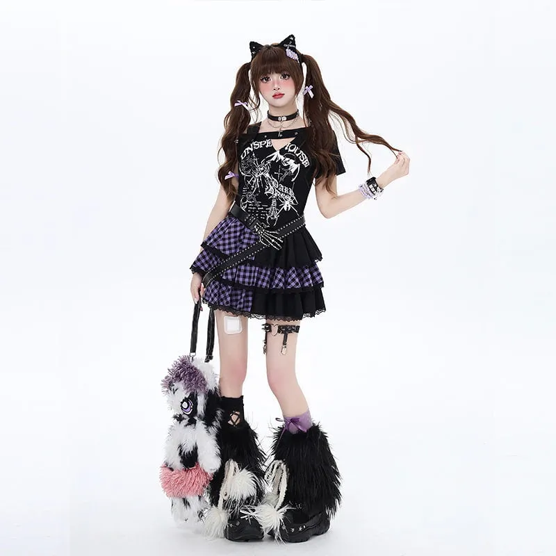 Summer Sweet Cool Girl Style Plaid Patchwork Cake Skirt