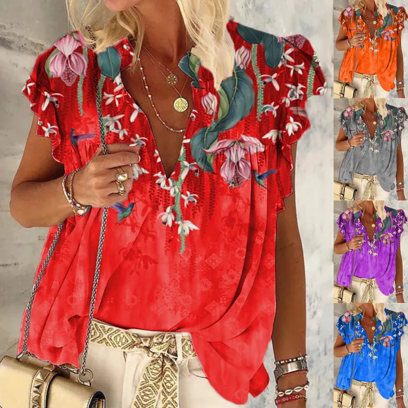Summer V-neck printed short-sleeved T-shirt plus size top