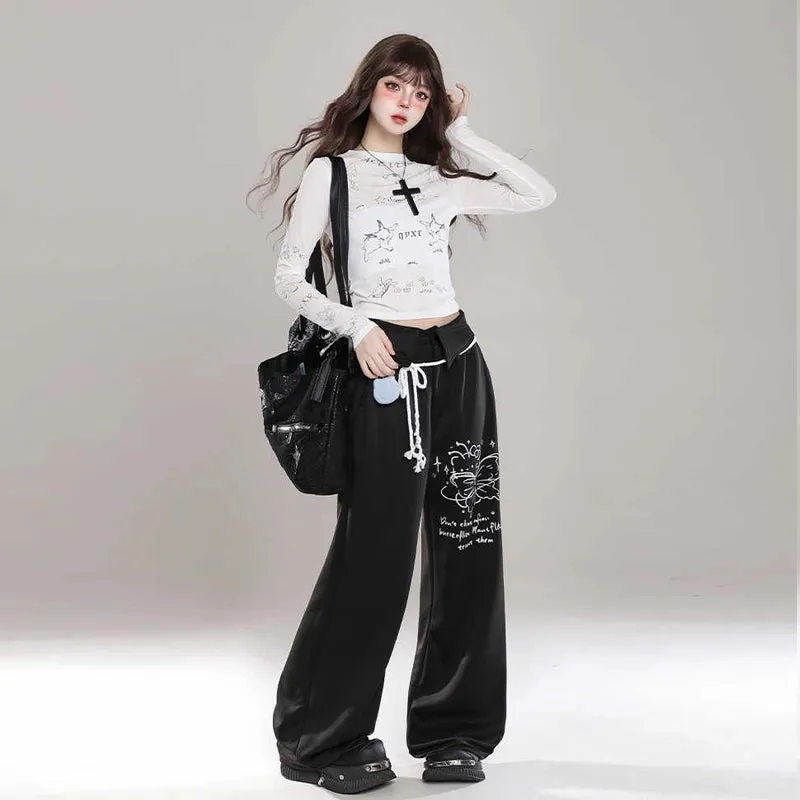 Sweet Soft Girl Style Hello Kitty Print Straight Sports Pants