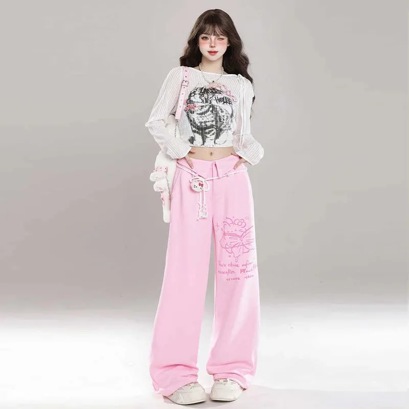 Sweet Soft Girl Style Hello Kitty Print Straight Sports Pants