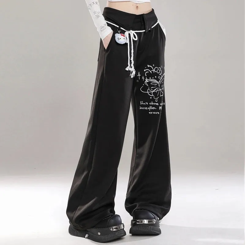 Sweet Soft Girl Style Hello Kitty Print Straight Sports Pants