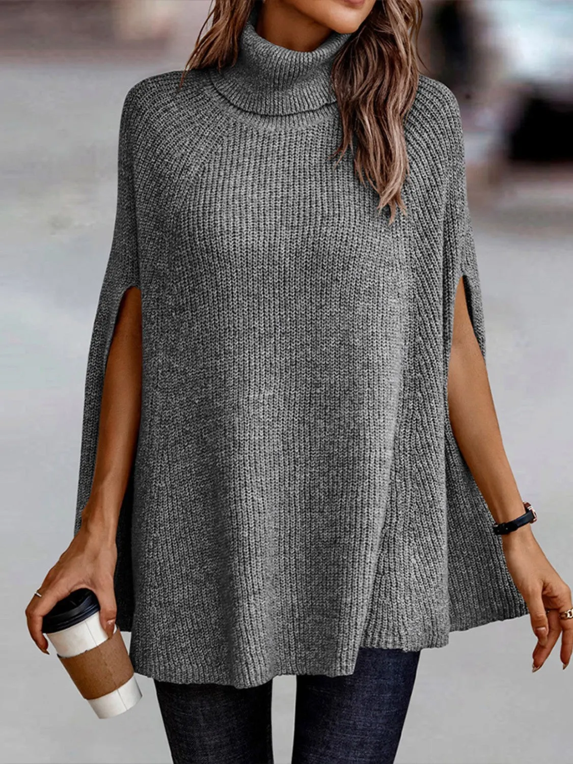 TastyHottie - Turtleneck Dolman Sleeve Poncho Fashion Sweater