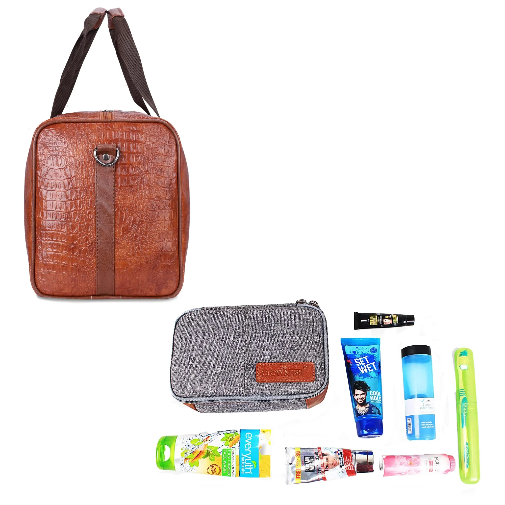 The Clownfish Combo of Anderson 25 litres Unisex Faux Leather Travel Duffle Bag (Tan) & The Clownfish Travel Pouch Toiletry Bag Shaving Kit Bag for Men Travel Kit for Women (Grey)