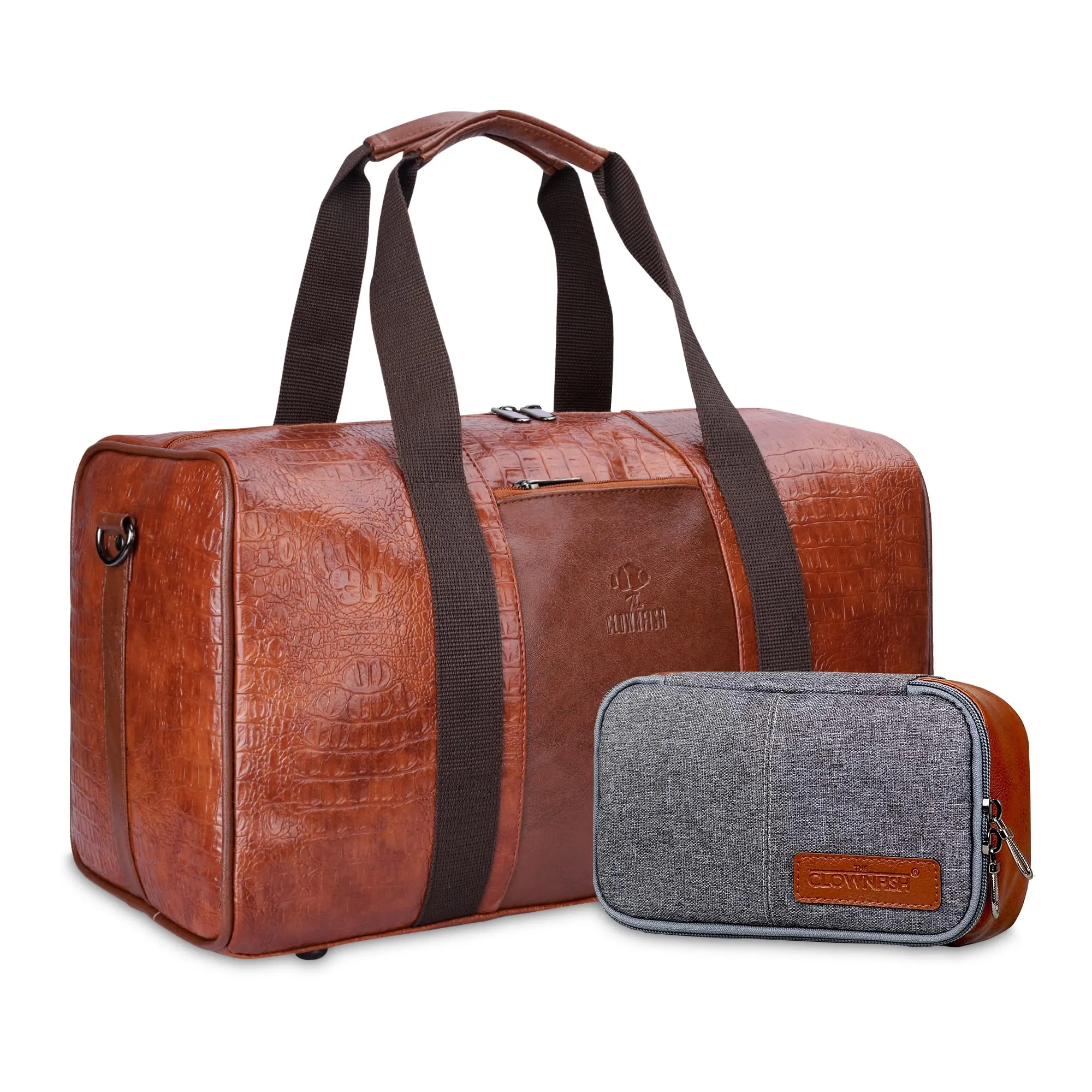 The Clownfish Combo of Anderson 25 litres Unisex Faux Leather Travel Duffle Bag (Tan) & The Clownfish Travel Pouch Toiletry Bag Shaving Kit Bag for Men Travel Kit for Women (Grey)