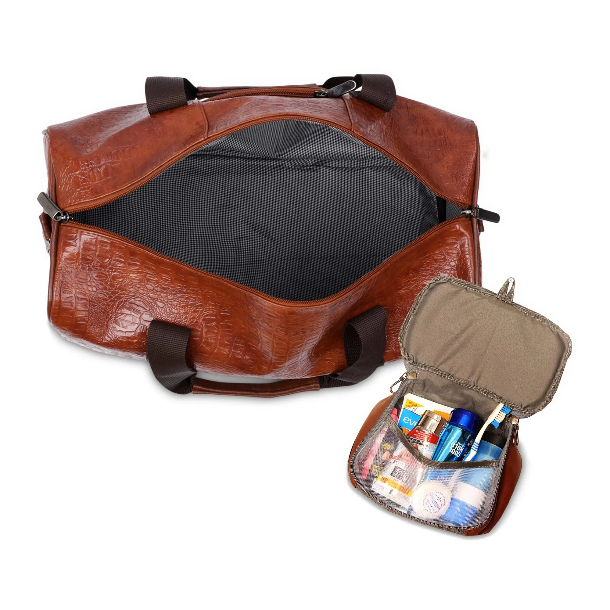 The Clownfish Combo of Anderson 25 litres Unisex Faux Leather Travel Duffle Bag (Tan) & The Clownfish Travel Pouch Toiletry Bag Shaving Kit Bag for Men Travel Kit for Women (Grey)