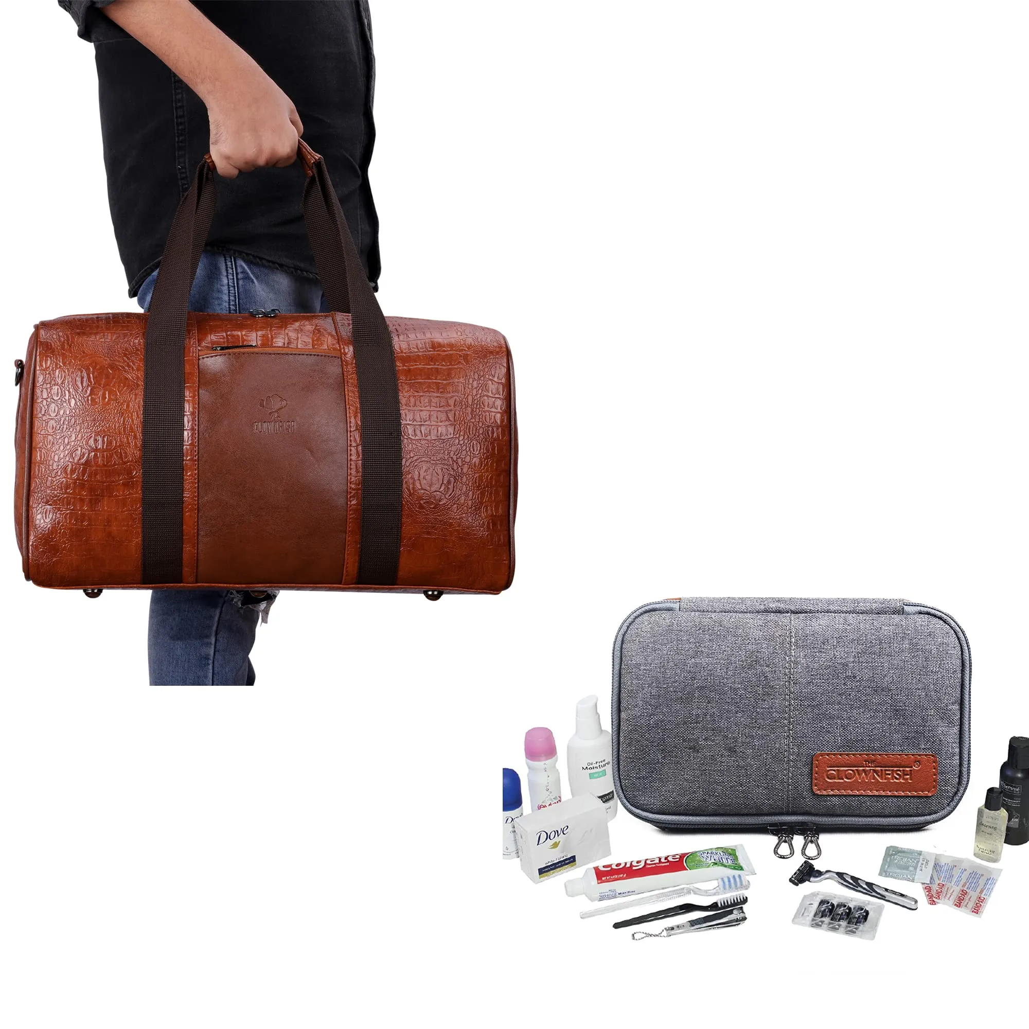 The Clownfish Combo of Anderson 25 litres Unisex Faux Leather Travel Duffle Bag (Tan) & The Clownfish Travel Pouch Toiletry Bag Shaving Kit Bag for Men Travel Kit for Women (Grey)