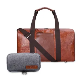 The Clownfish Combo of Anderson 25 litres Unisex Faux Leather Travel Duffle Bag (Tan) & The Clownfish Travel Pouch Toiletry Bag Shaving Kit Bag for Men Travel Kit for Women (Grey)