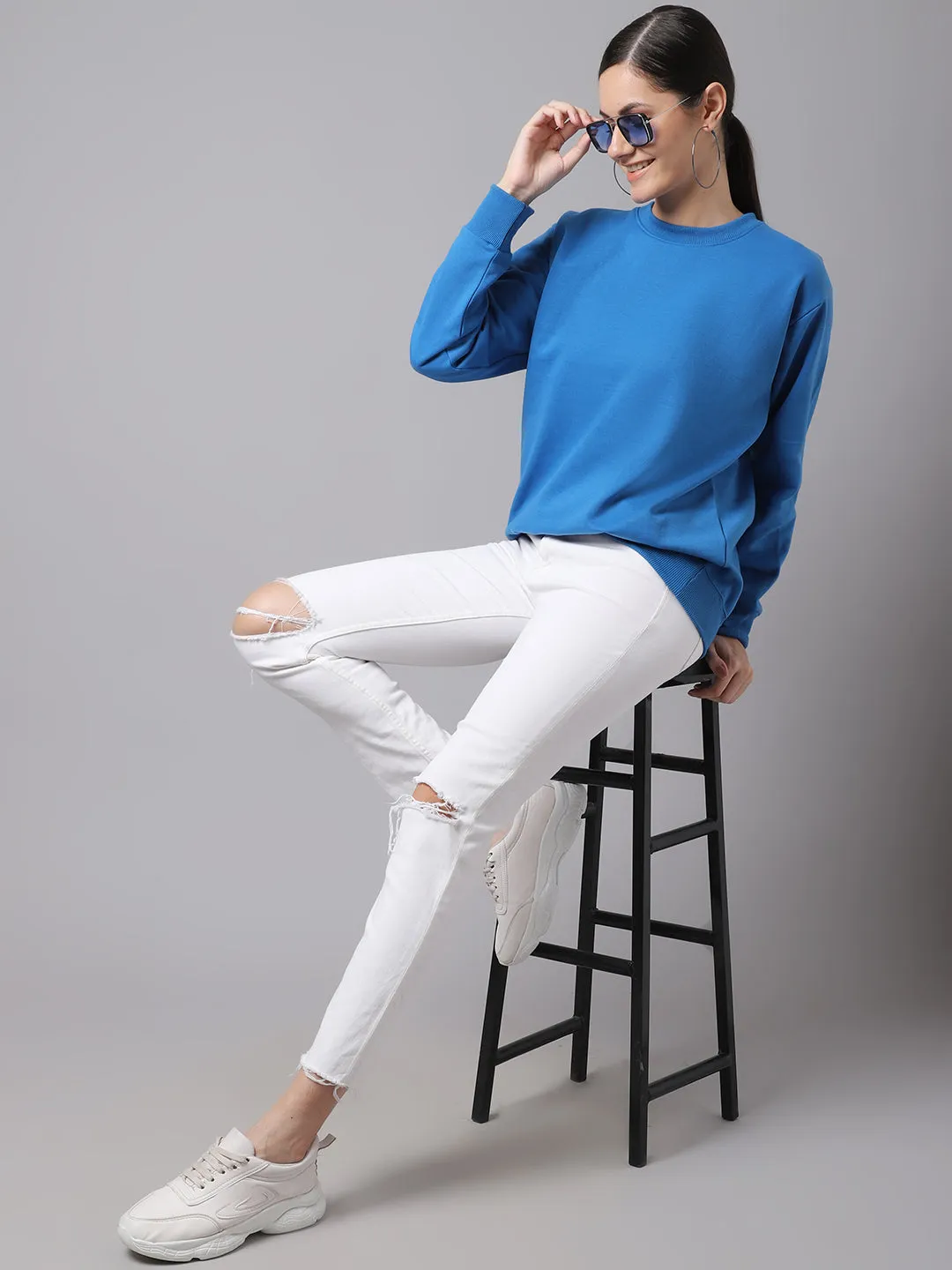 Vimal Jonney Fleece Round Neck Blue Sweatshirt For Women